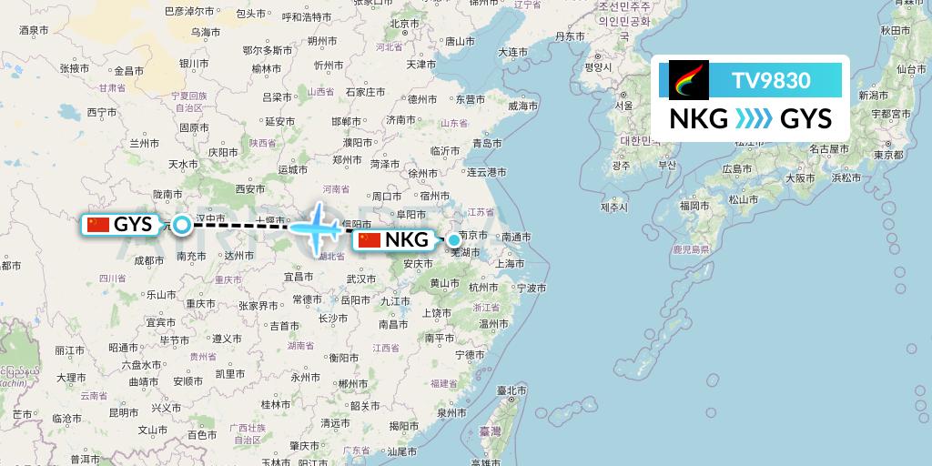TV9830 Tibet Airlines Flight Map: Nanjing to Guangyuan