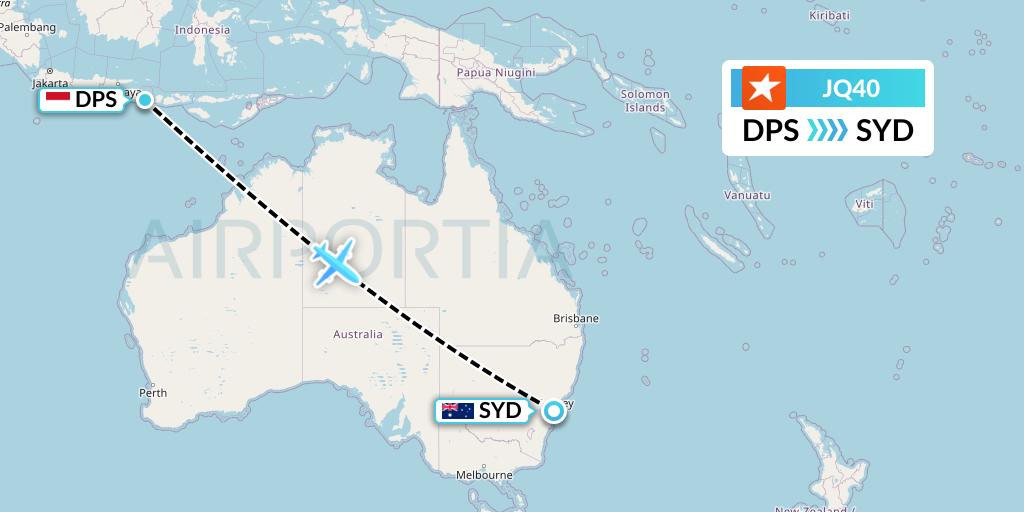 JQ40 Jetstar Airways Flight Map: Denpasar to Sydney