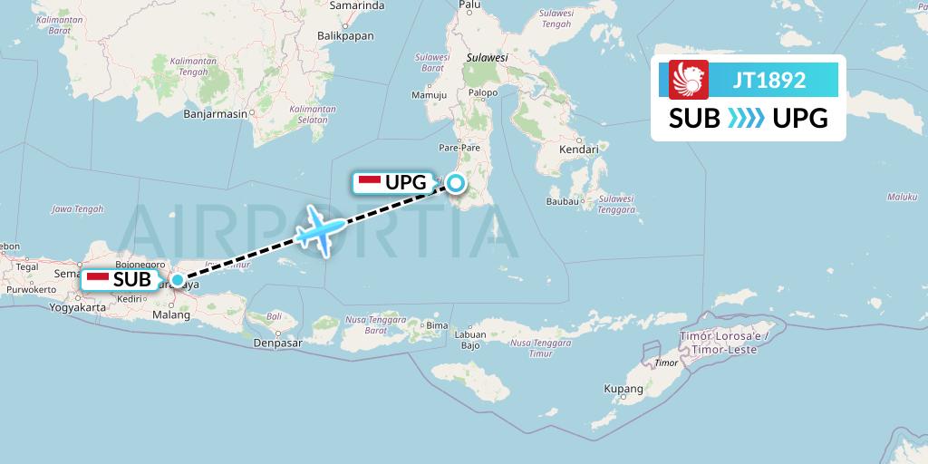 JT1892 Lion Airlines Flight Map: Surabaya to Makassar