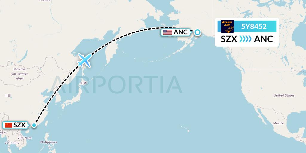 5Y8452 Atlas Air Flight Map: Shenzhen to Anchorage