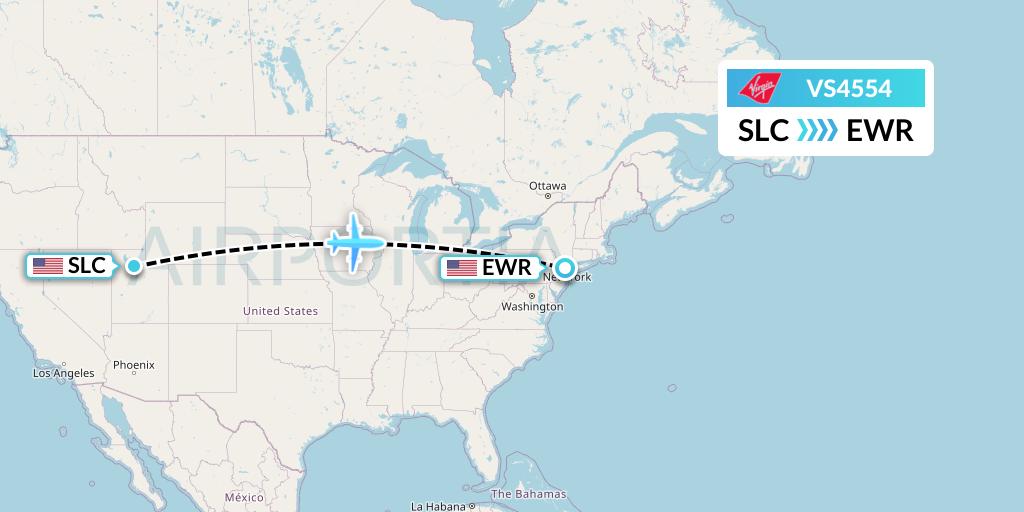 VS4554 Virgin Atlantic Airways Flight Map: Salt Lake City to New York