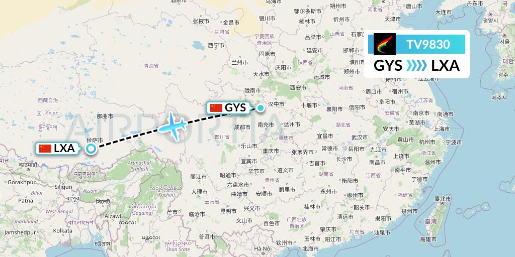 TV9830 Tibet Airlines Flight Map: Guangyuan to Lhasa