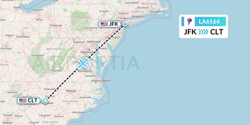 LA6164 LAN Airlines Flight Map: New York to Charlotte