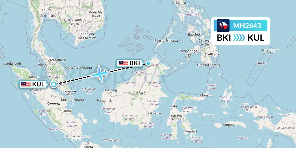 MH2643 Malaysia Airlines Flight Map: Kota Kinabalu to Kuala Lumpur