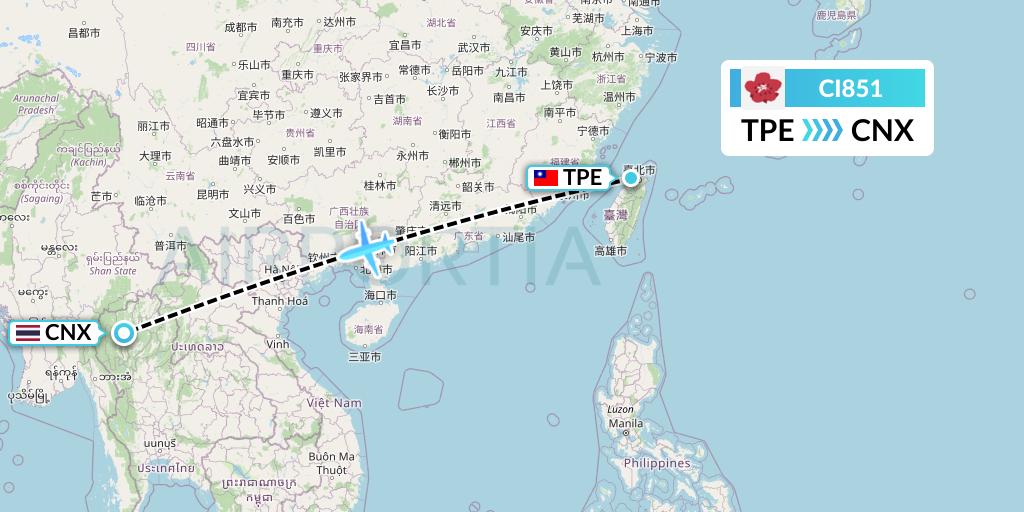 CI851 China Airlines Flight Map: Taipei to Chiang Mai
