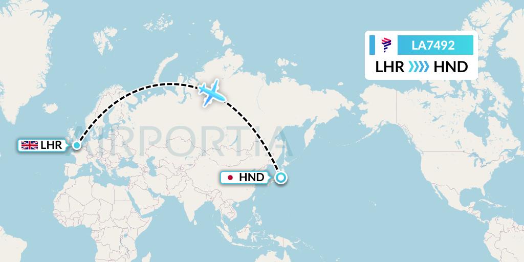 LA7492 LAN Airlines Flight Map: London to Tokyo
