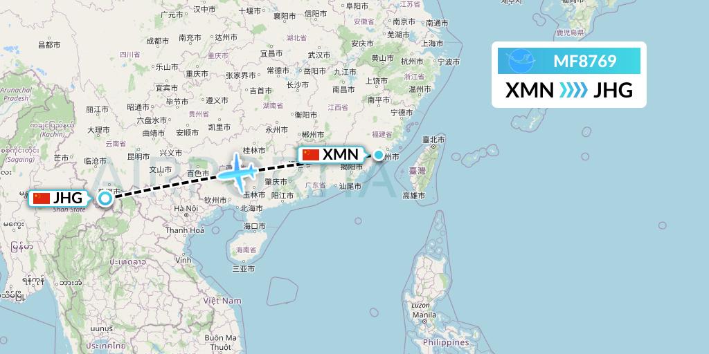 MF8769 Xiamen Airlines Flight Map: Xiamen to Jinghong