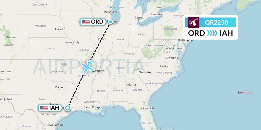 QR2250 Qatar Airways Flight Map: Chicago to Houston