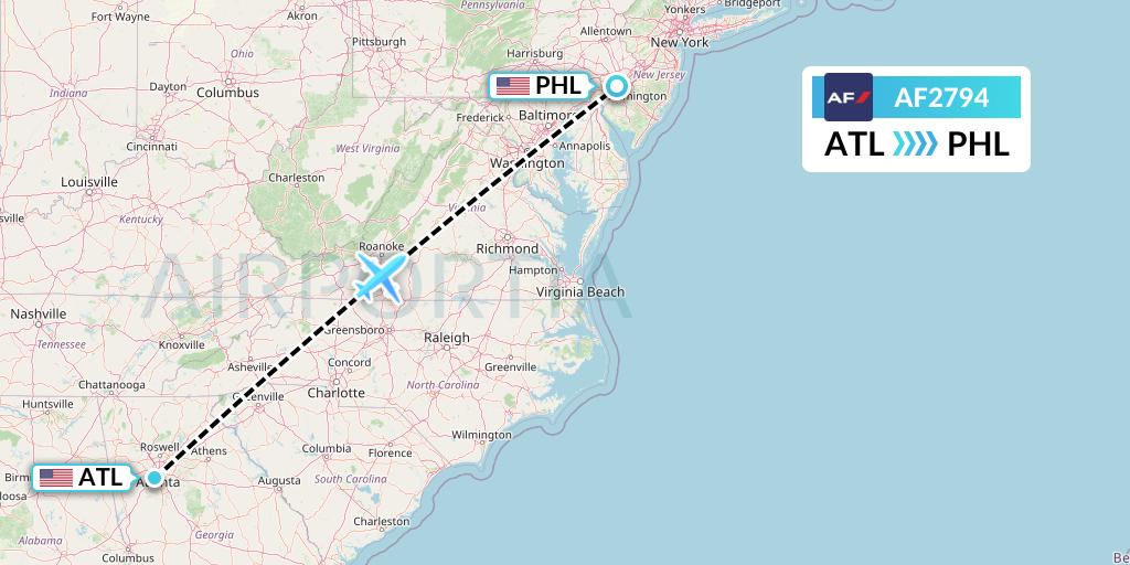 AF2794 Air France Flight Map: Atlanta to Philadelphia
