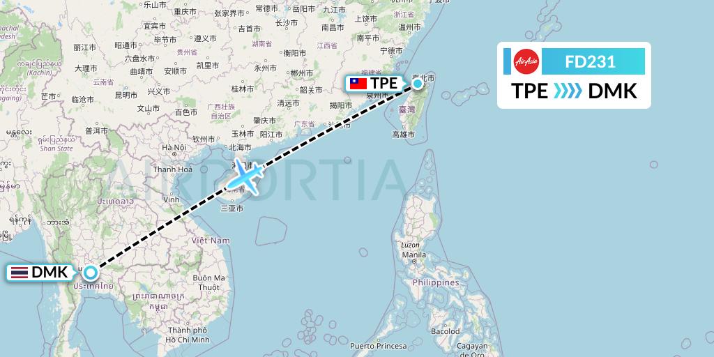 FD231 Thai AirAsia Flight Map: Taipei to Bangkok