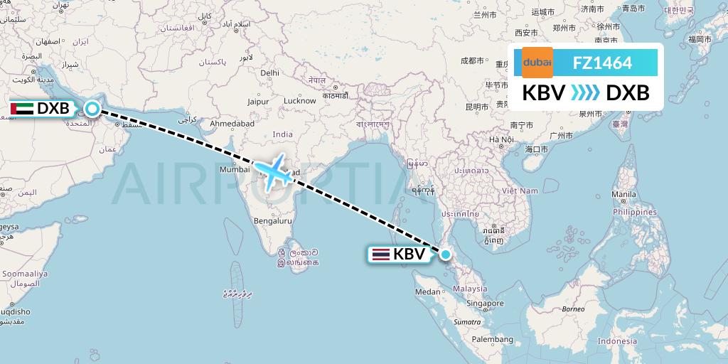 FZ1464 FlyDubai Flight Map: Krabi to Dubai