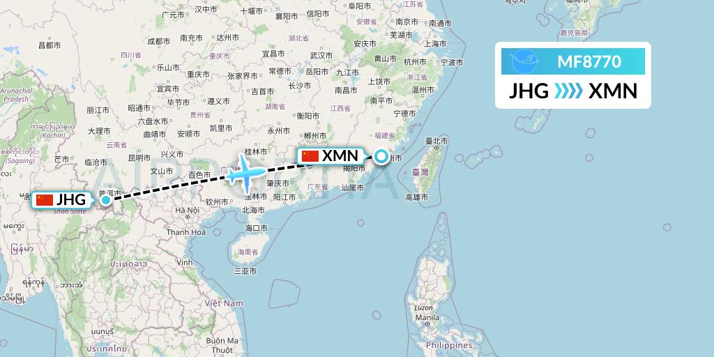 MF8770 Xiamen Airlines Flight Map: Jinghong to Xiamen