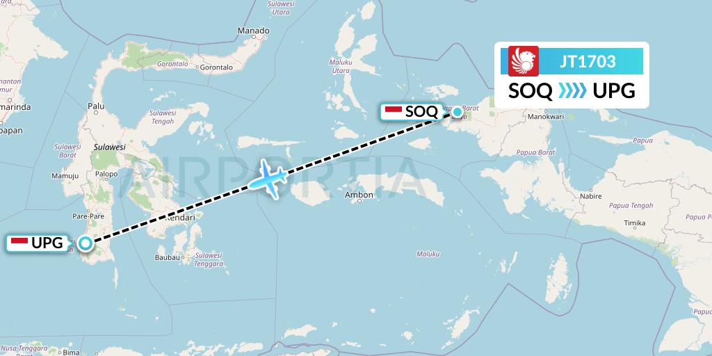 JT1703 Lion Airlines Flight Map: Sorong to Makassar