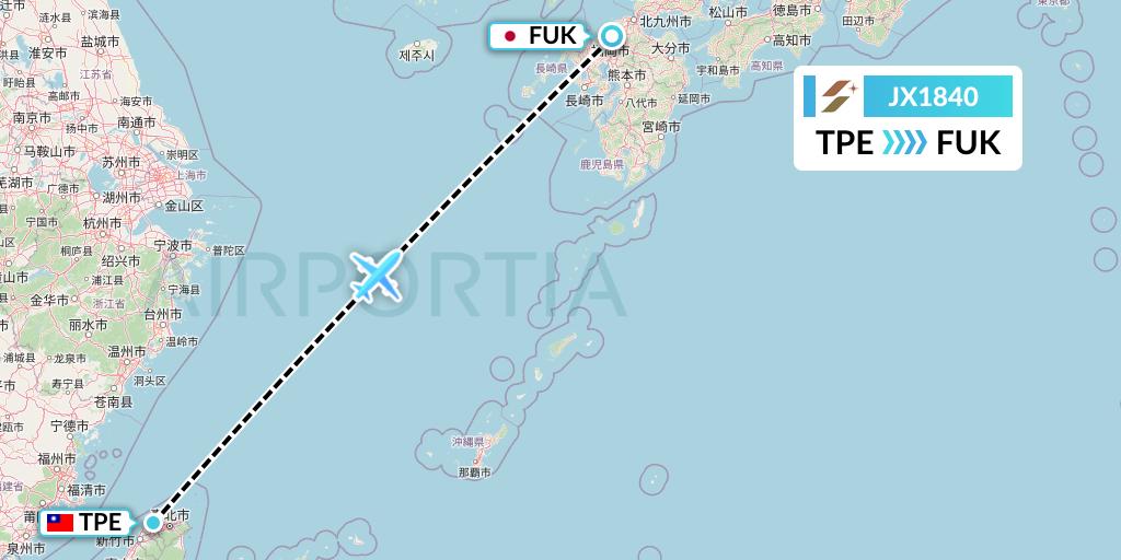 JX1840 Starlux Airlines Flight Map: Taipei to Fukuoka