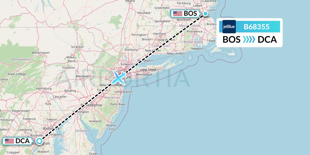 B68355 JetBlue Airways Flight Map: Boston to Washington