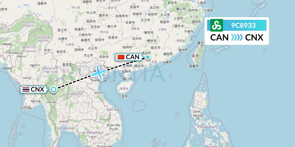 9C8933 Spring Airlines Flight Map: Guangzhou to Chiang Mai