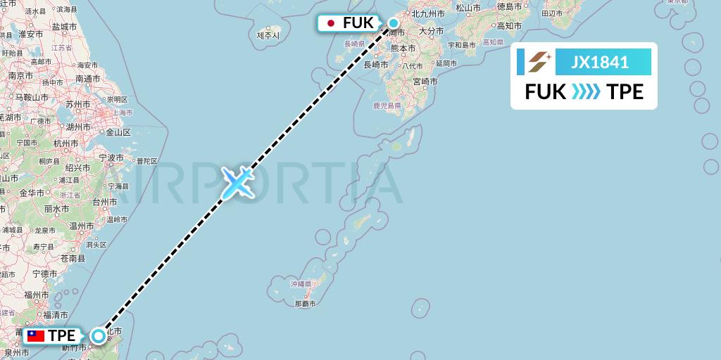 JX1841 Starlux Airlines Flight Map: Fukuoka to Taipei