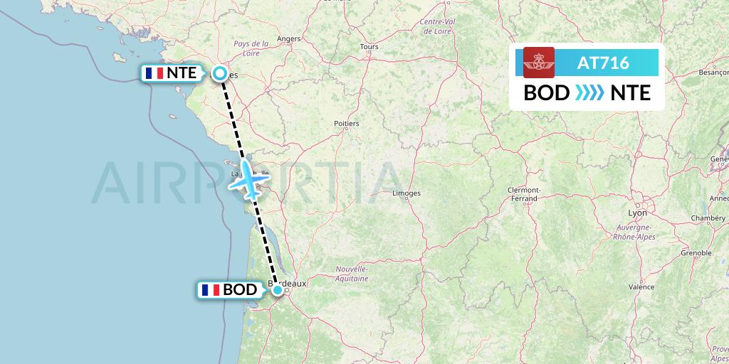 AT716 Royal Air Maroc Flight Map: Bordeaux to Nantes