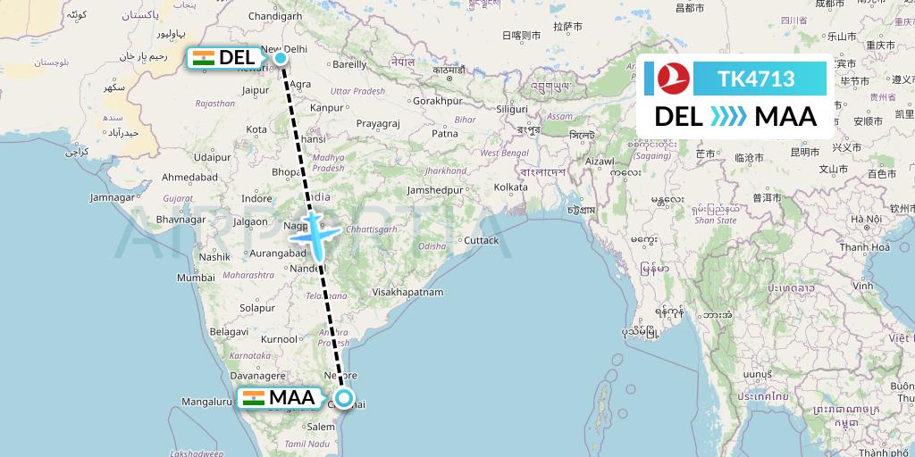 TK4713 Turkish Airlines Flight Map: Delhi to Chennai