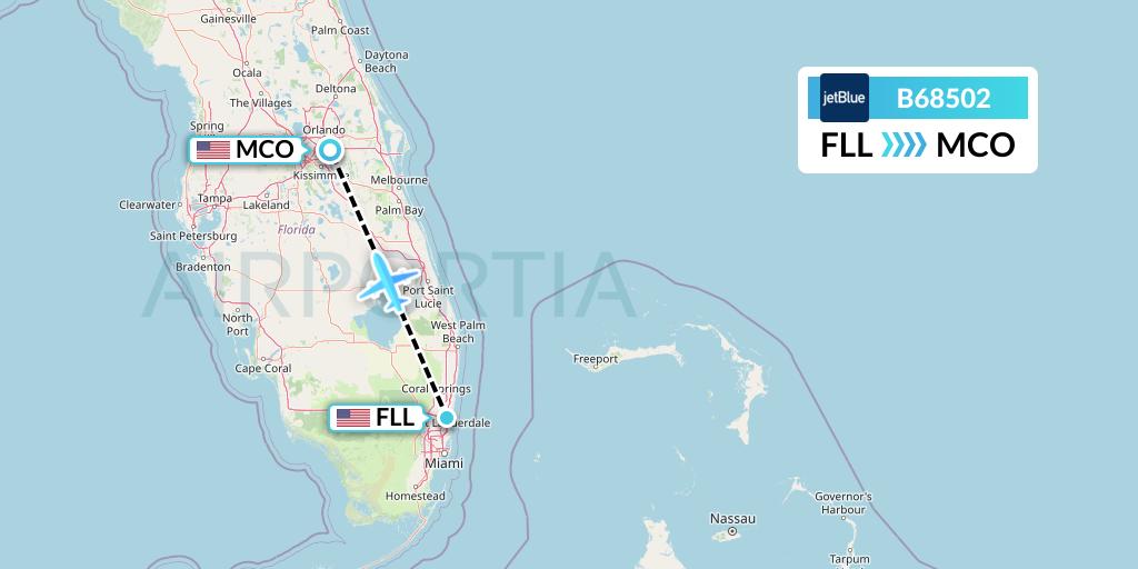 B68502 JetBlue Airways Flight Map: Fort Lauderdale to Orlando