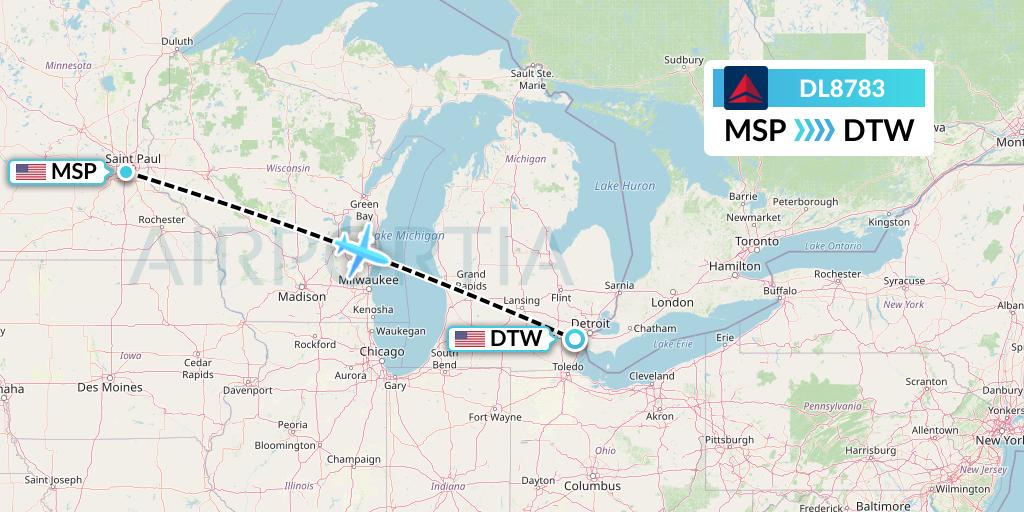DL8783 Delta Air Lines Flight Map: Minneapolis to Detroit