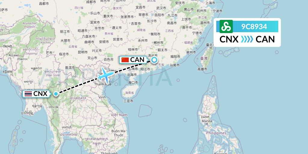 9C8934 Spring Airlines Flight Map: Chiang Mai to Guangzhou