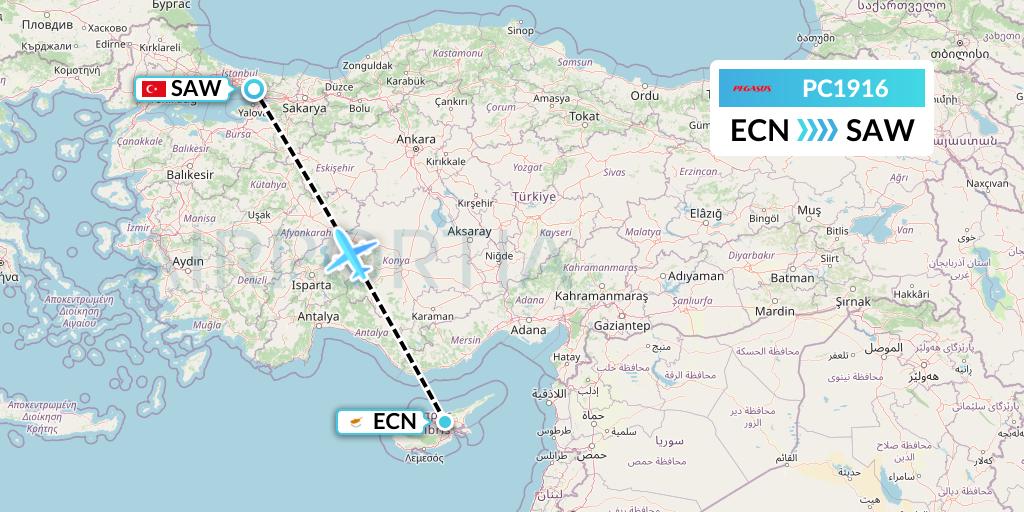 PC1916 Pegasus Airlines Flight Map: Tymvou to Istanbul