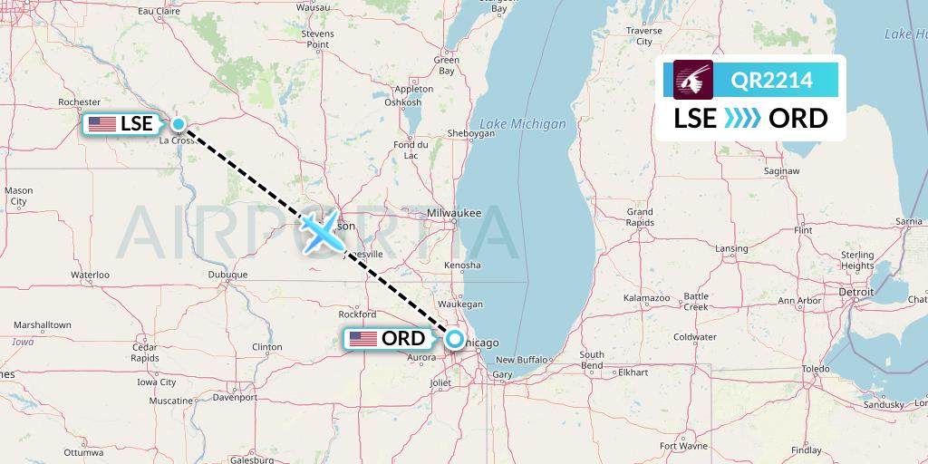 QR2214 Qatar Airways Flight Map: La Crosse to Chicago