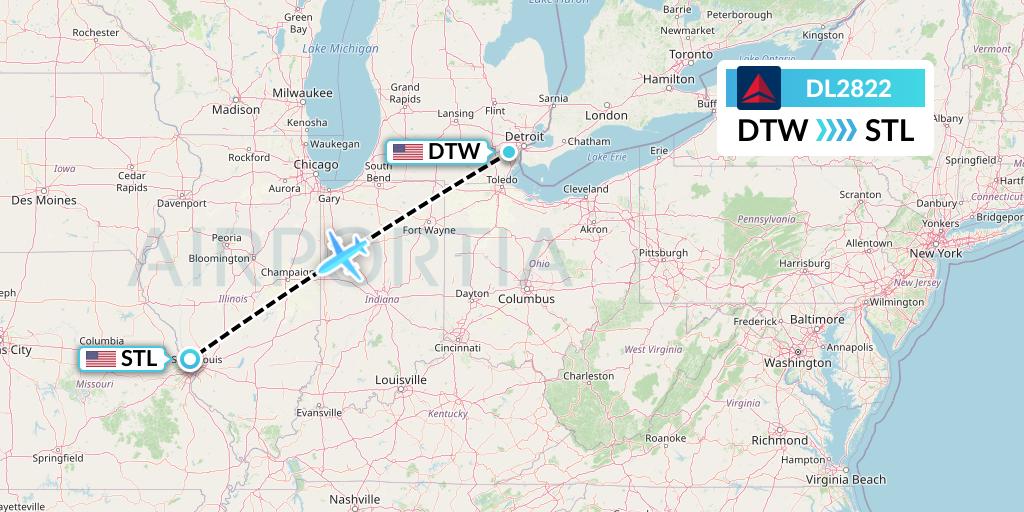 DL2822 Delta Air Lines Flight Map: Detroit to St. Louis