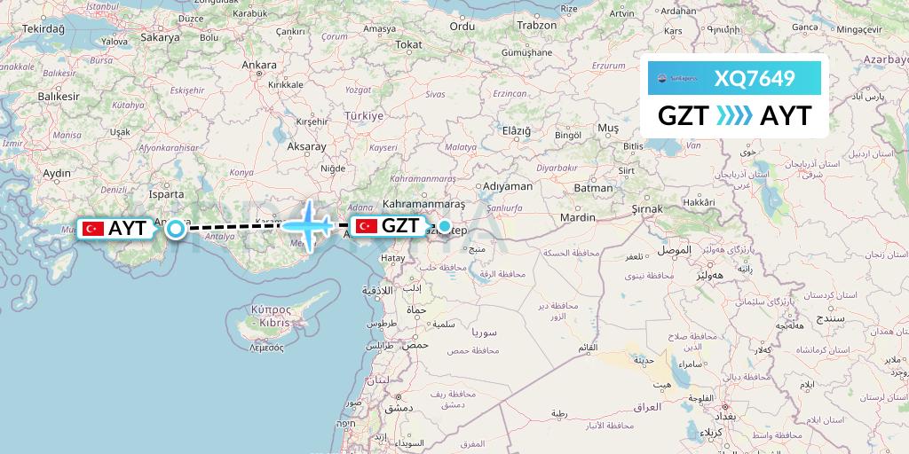 XQ7649 SunExpress Flight Map: Gaziantep to Antalya