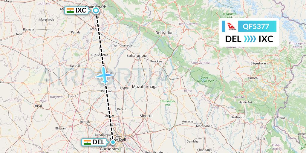 QF5377 Qantas Flight Map: Delhi to Chandigarh