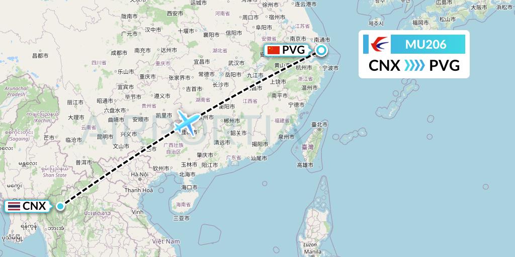 MU206 China Eastern Airlines Flight Map: Chiang Mai to Shanghai