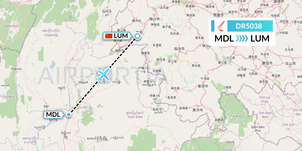 DR5038 Ruili Airlines Flight Map: Mandalay to Mangshi