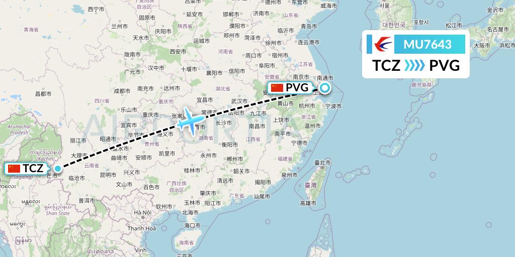 MU7643 China Eastern Airlines Flight Map: Tengchong to Shanghai