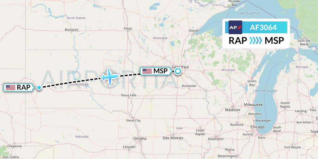 AF3064 Air France Flight Map: Rapid City to Minneapolis