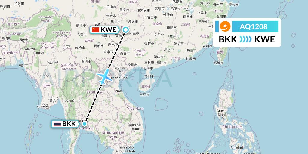 AQ1208 9 Air Flight Map: Bangkok to Guiyang
