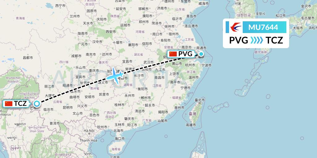 MU7644 China Eastern Airlines Flight Map: Shanghai to Tengchong