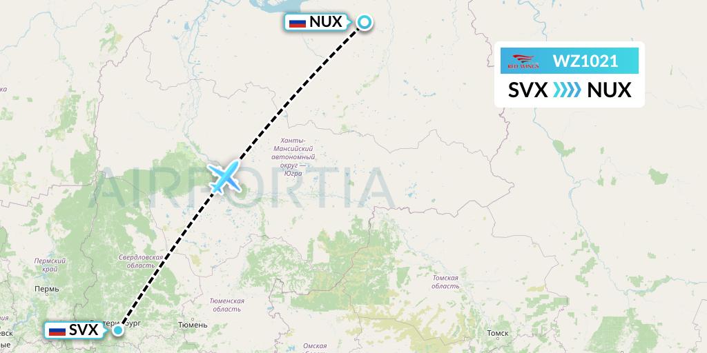 WZ1021 Red Wings Flight Map: Yekaterinburg to Novy Urengoy
