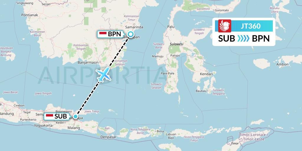 JT360 Lion Airlines Flight Map: Surabaya to Balikpapan