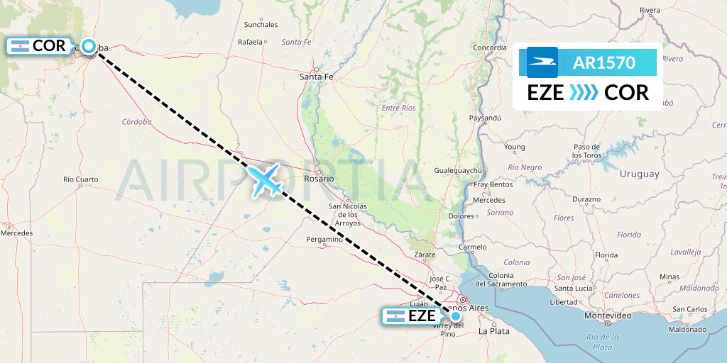 AR1570 Aerolineas Argentinas Flight Map: Buenos Aires to Cordoba
