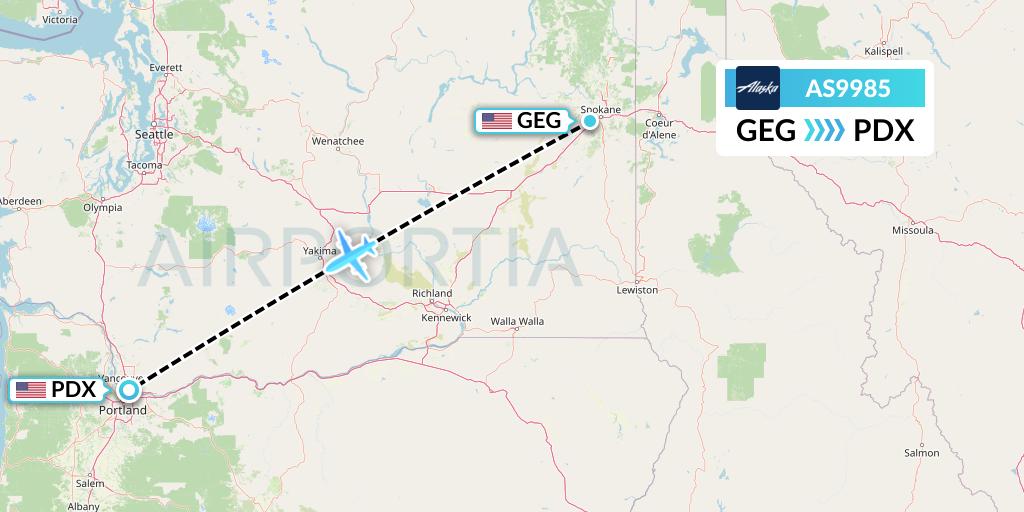 AS9985 Alaska Airlines Flight Map: Spokane to Portland