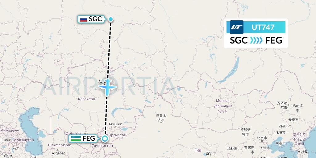 UT747 UTair Flight Map: Surgut to Fergana