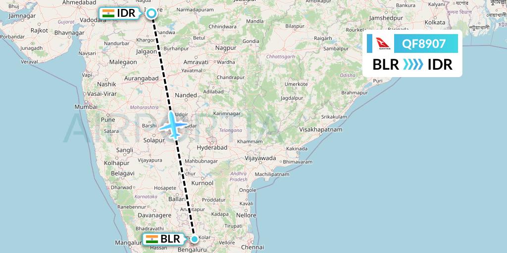 QF8907 Qantas Flight Map: Bangalore to Indore