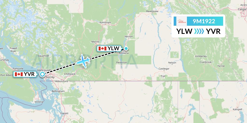 9M1922 Central Mountain Air Flight Map: Kelowna to Vancouver
