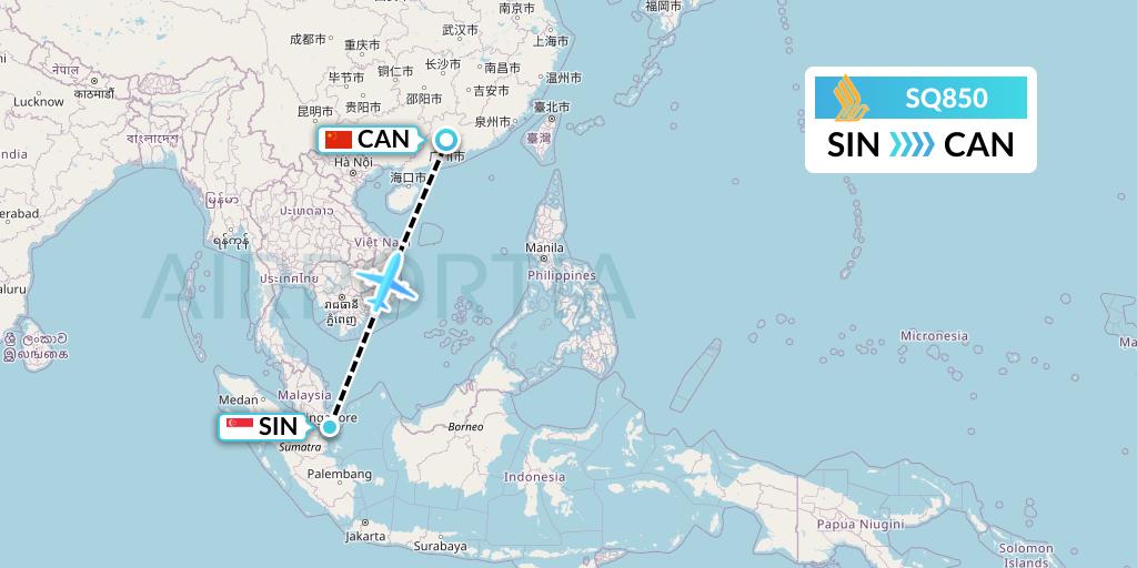 SQ850 Singapore Airlines Flight Map: Singapore to Guangzhou