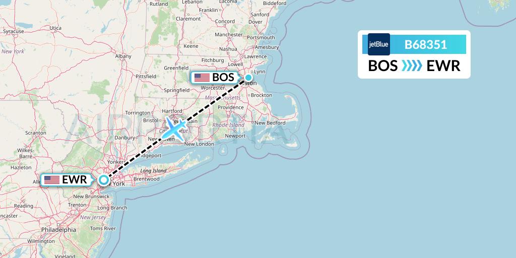 B68351 JetBlue Airways Flight Map: Boston to New York