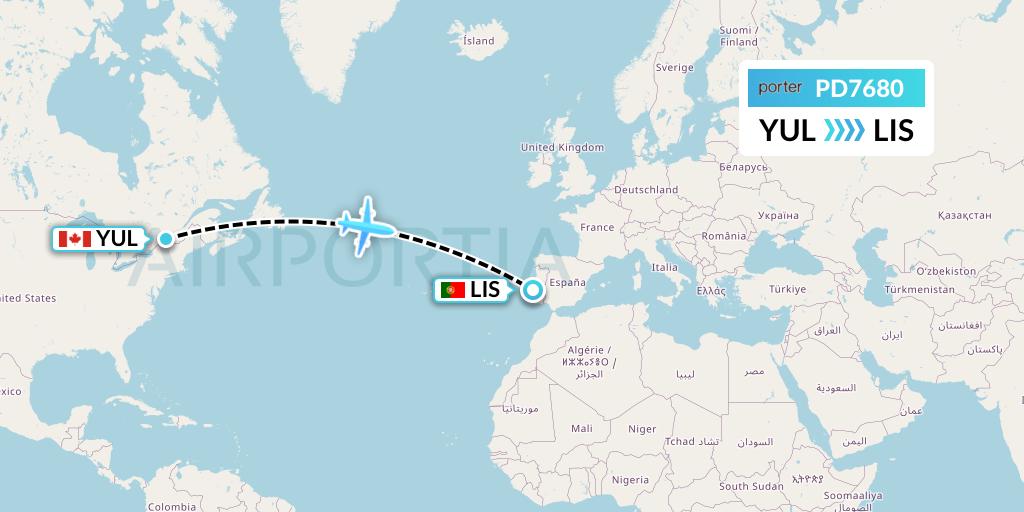 PD7680 Porter Airlines Flight Map: Montreal to Lisbon