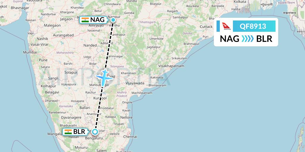 QF8913 Qantas Flight Map: Nagpur to Bangalore