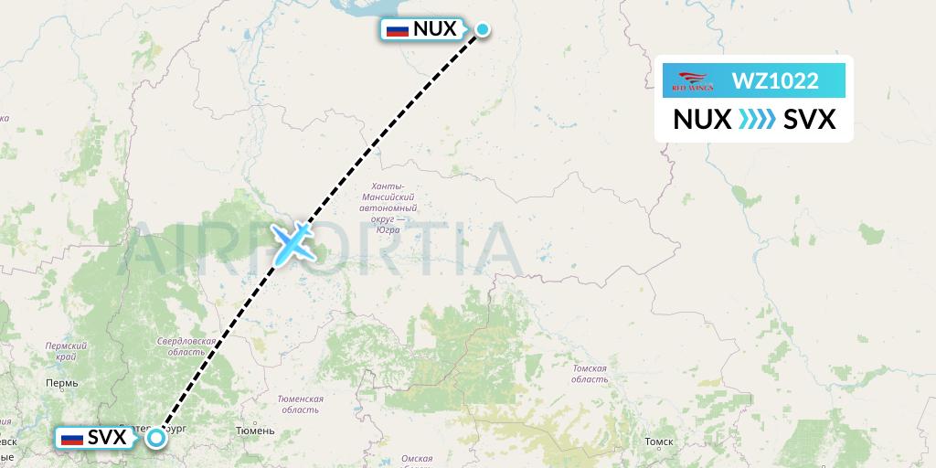 WZ1022 Red Wings Flight Map: Novy Urengoy to Yekaterinburg