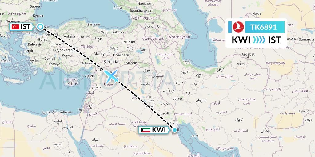 TK6891 Turkish Airlines Flight Map: Kuwait City to Istanbul